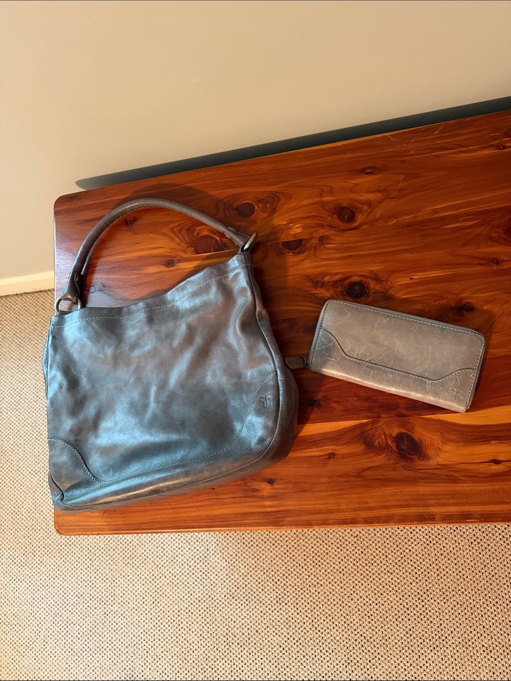 Frye Slate Blue Leather Shoulder Hobo with Matching Wallet